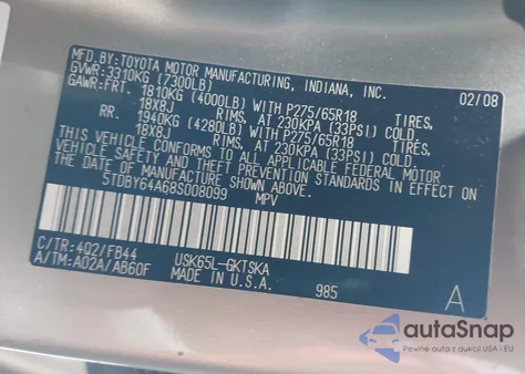 2008 Toyota Sequoia Sr5 5.7L V8 from USA, damaged, VIN 5TDBY64A68S008099